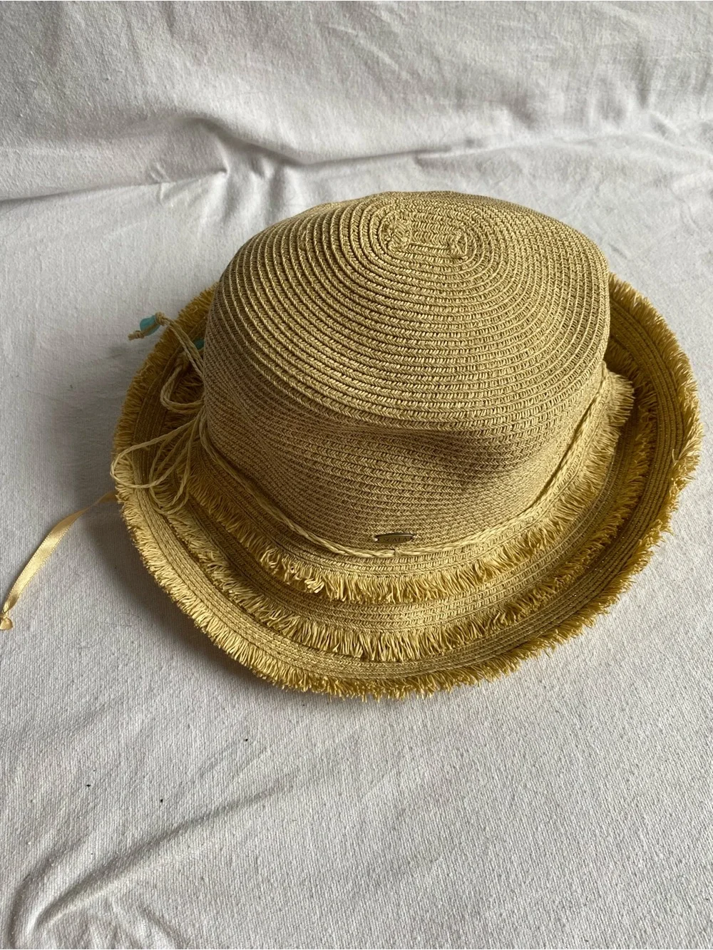 Scala Collezione Women’s Yellow Straw Sun Hat with Fringed Brim and Tie Detail